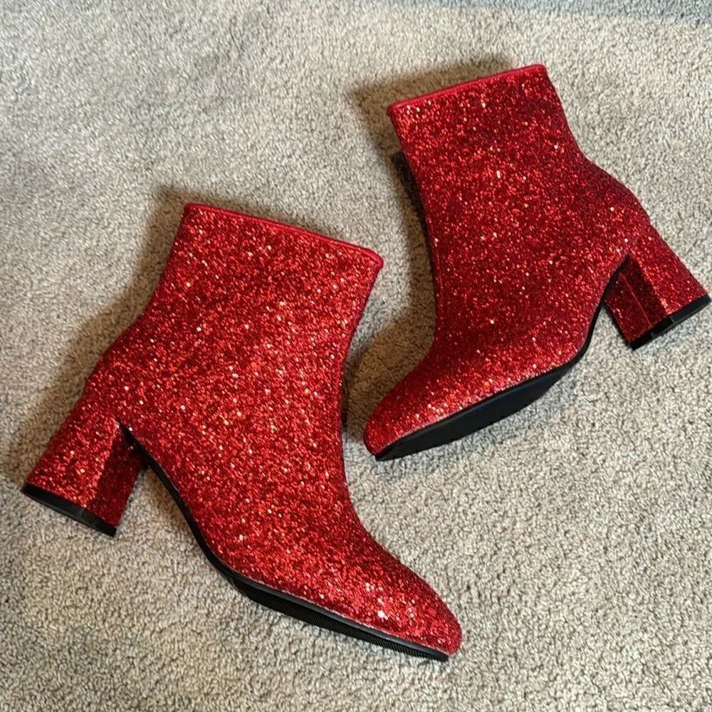 Women’s Red Glitter Covered Chunky Heeled Sparkly Boots Size 9.5 NEW